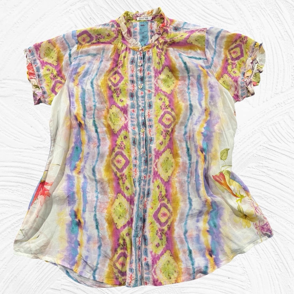 Johnny Was ZOLI Sander Blouse 100% Silk Large Floral Butterfly Boho Art To Wear